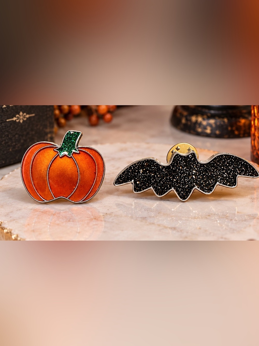 Halloween Pumpkin and Bat Enamel Pin Set - Black & Orange